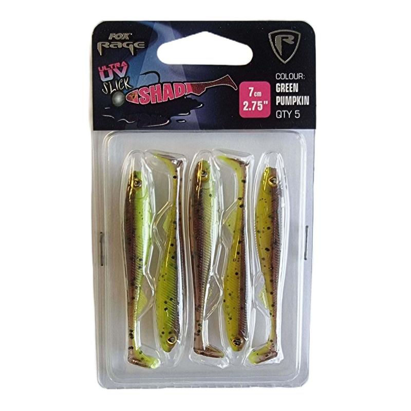 Fox Rage Slick Shad Ultra UV 7cm / 2.75" uv Gr&uuml;n pumpkin x 5