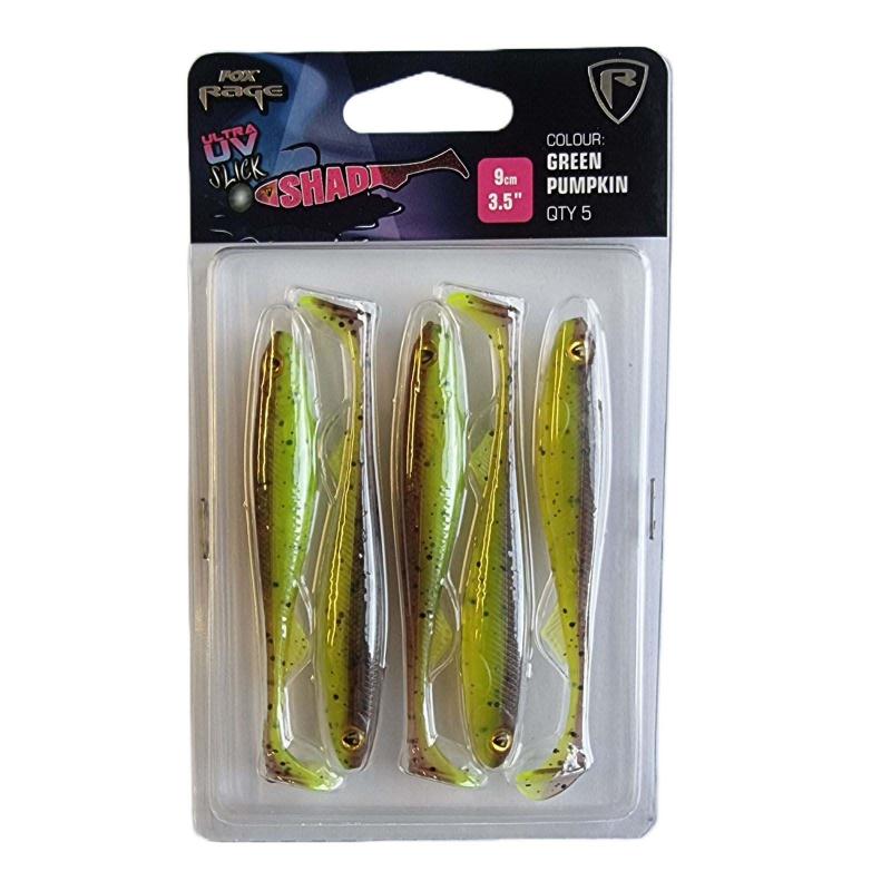 Fox Rage Slick Shad Ultra UV 9cm / 3.5" uv Gr&uuml;n pumpkin x 5