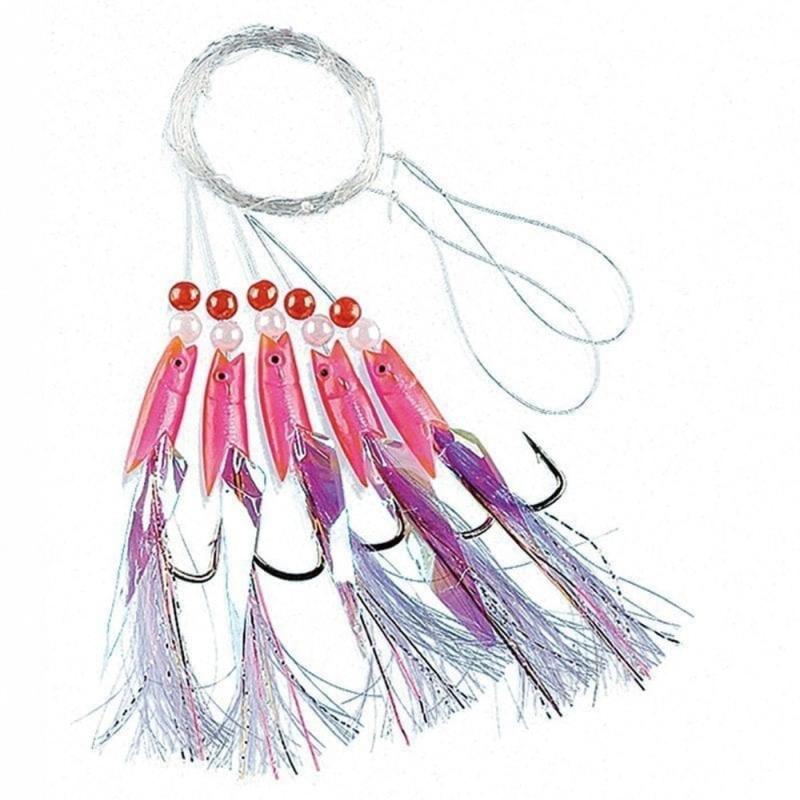 Fladen Pink rubber with white feathers 5-hooks size 2/0