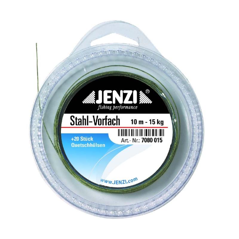 Stahlvorfach auf 10-m-Spule mit 20 St. Quetschh&uuml;lsen. 15 kg. Tragkraft