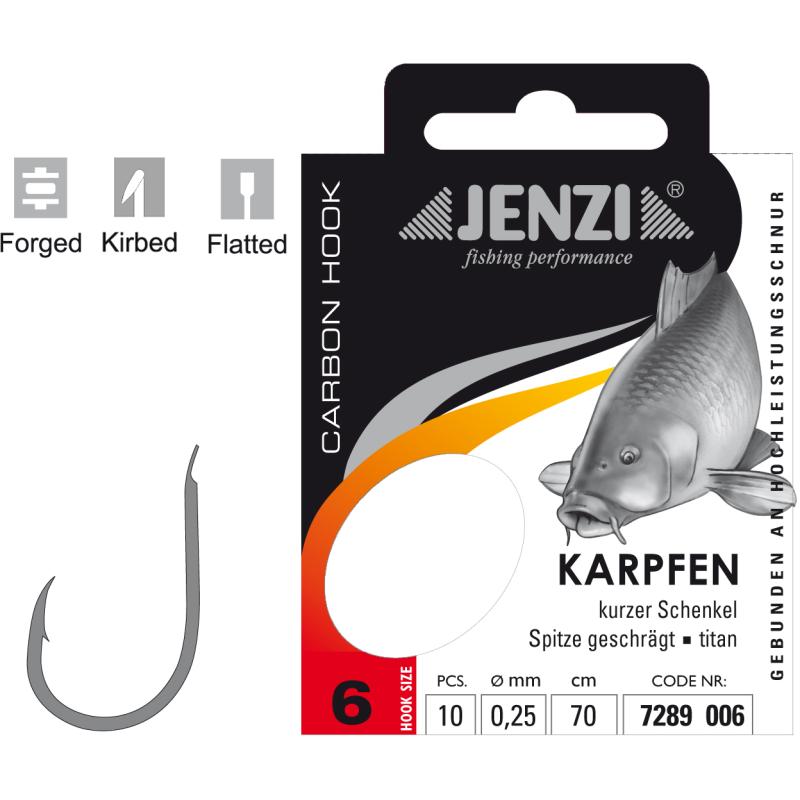 JENZI Karpfenhaken Gebunden Gr&ouml;&szlig;e 6 0,25mm 70cm