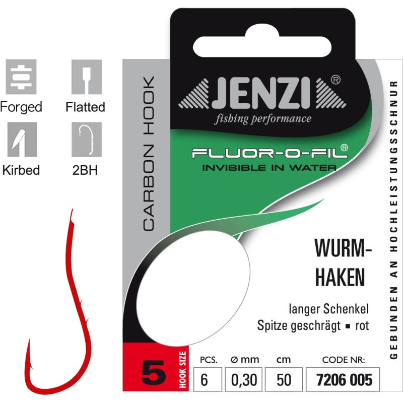 JENZI Wurmhaken Gebunden an Fluor Carbon Gr.5 0,30mm 50cm