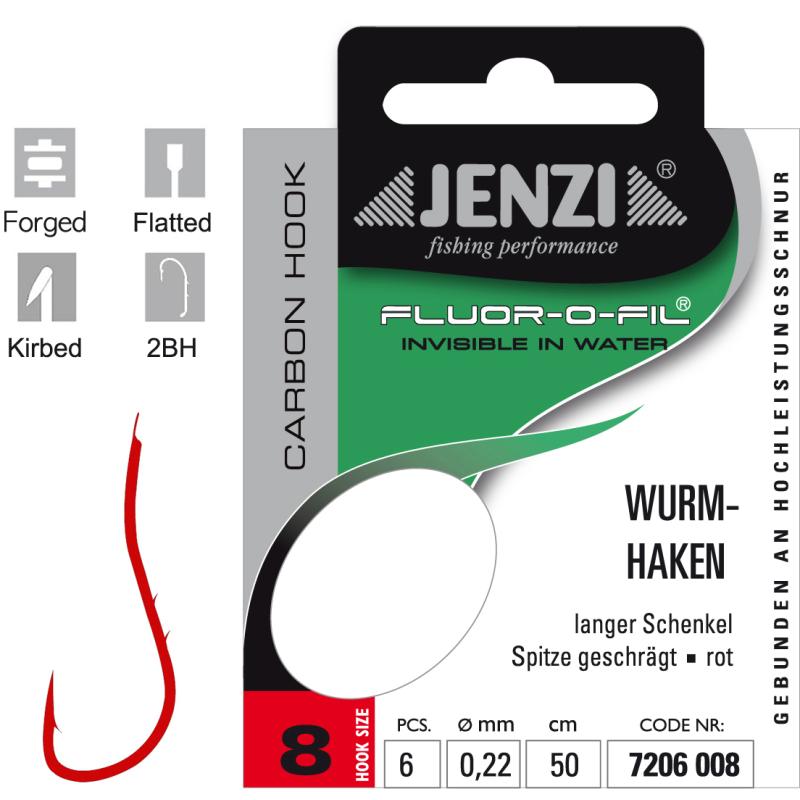 JENZI Wurmhaken Gebunden an Fluor Carbon Gr.8 0,22mm 50cm