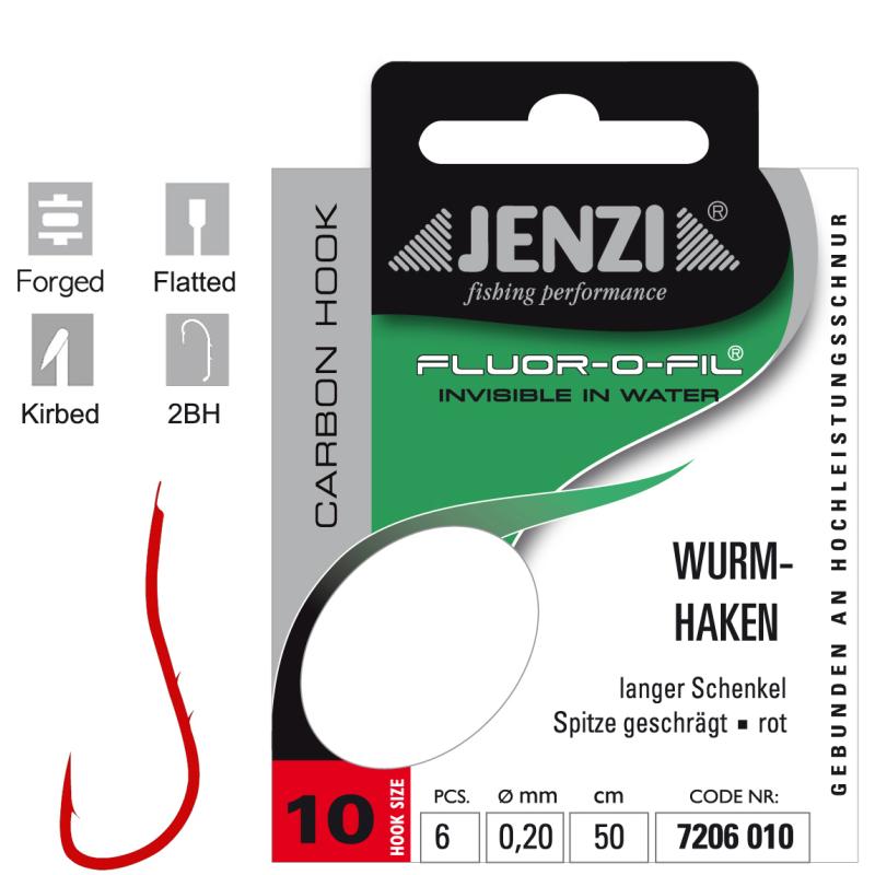 JENZI Wurmhaken Gebunden an Fluor Carbon Gr.10 0,20mm 50cm