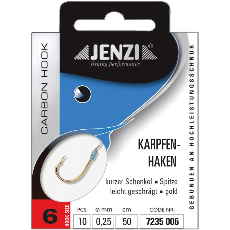 JENZI Karpfenhaken Gebunden, Gold Gr.6 0,25mm 50cm