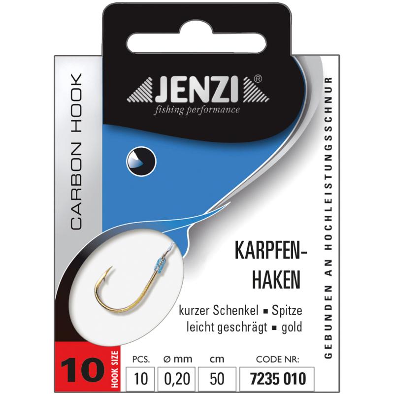 JENZI Karpfenhaken Gebunden, Gold Gr.10 0,20mm 50cm