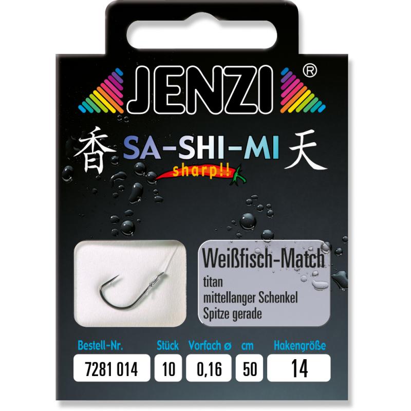 JENZI Wei&szlig;fisch-Matchhaken SA-SHI-MI Gebunden Gr.14 0,16mm 50cm
