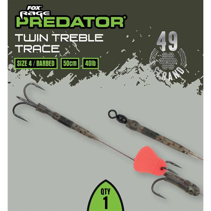 Fox Rage Predator Twin Treble Trace 52cm Size 4 Barbed - 40lb