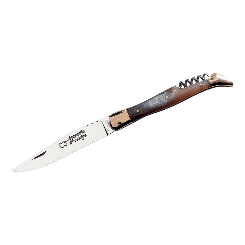 Au Sabot Laguiole-Messer, Sandvik 12C27-Stahl, Messing-Backen, B&uuml;ffelhorn, Zierschliff, Korkenzieher