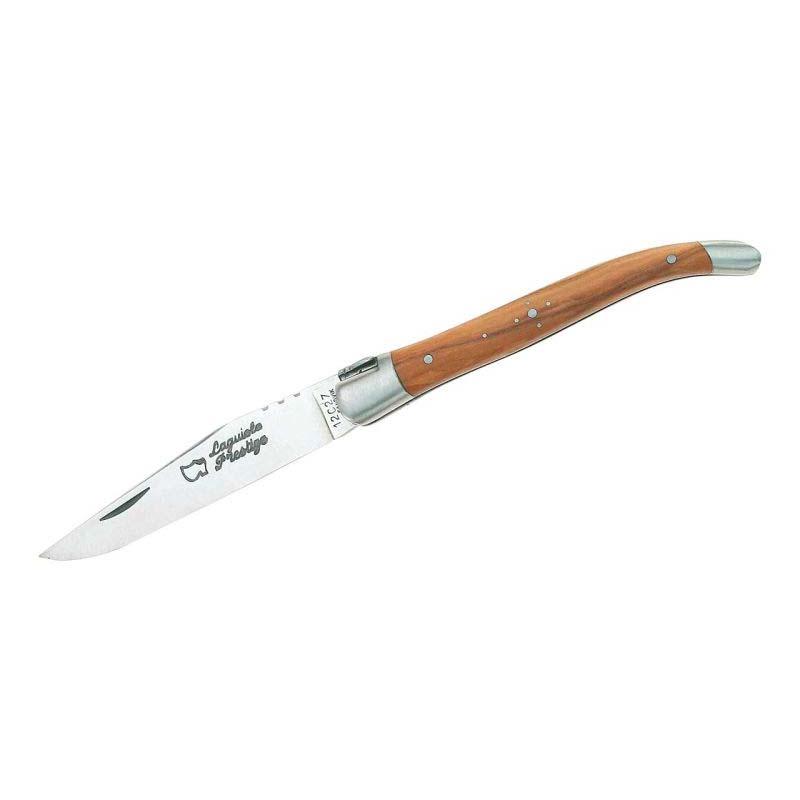Au Sabot Laguiole-Messer, Sandvik 12C27-Stahl, Mattierte Edelstahl-Backen, Olivenholz, Zierschliff