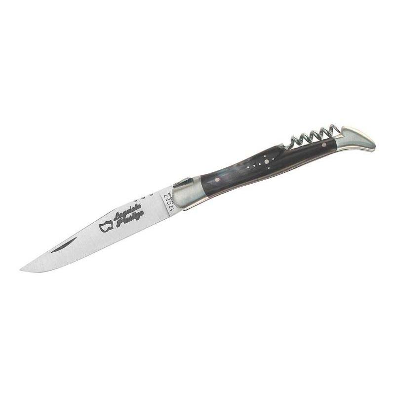 Au Sabot Laguiole-Messer, Sandvik 12C27-Stahl, Mattierte Edelstahl-Backen, B&uuml;ffelhorn, Korkenzieher