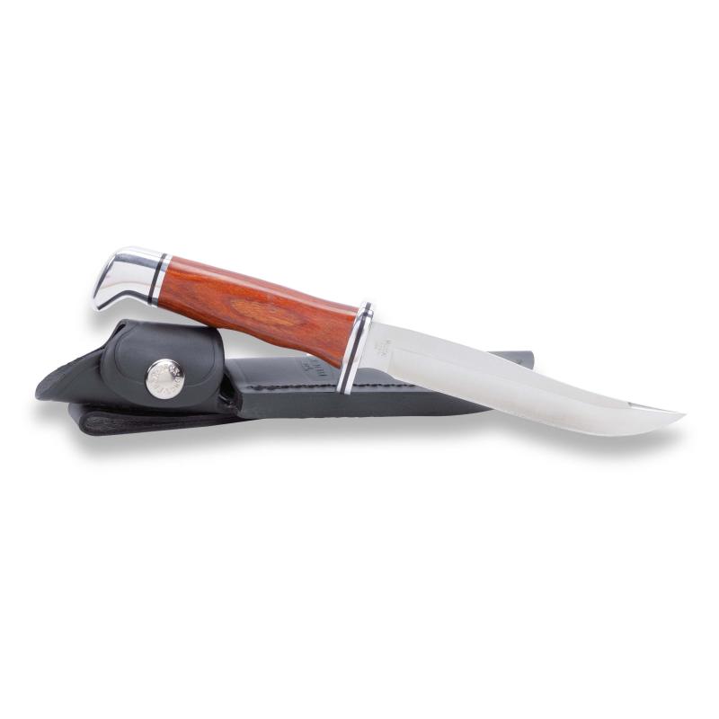 Buck 105 Pathfinder Outdoormesser, 420Hc Stahl, Rostfrei Dymalux Cocobolo-Holz Schwarze Lederscheide