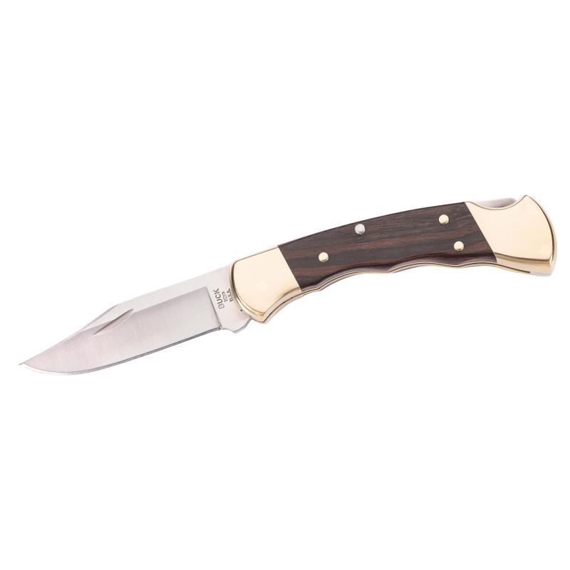 Buck 112 Ranger Finger Grooved Taschenmesser, 420Hc Stahl, Rostfrei, Holz Messing-Backen Leder-Etui