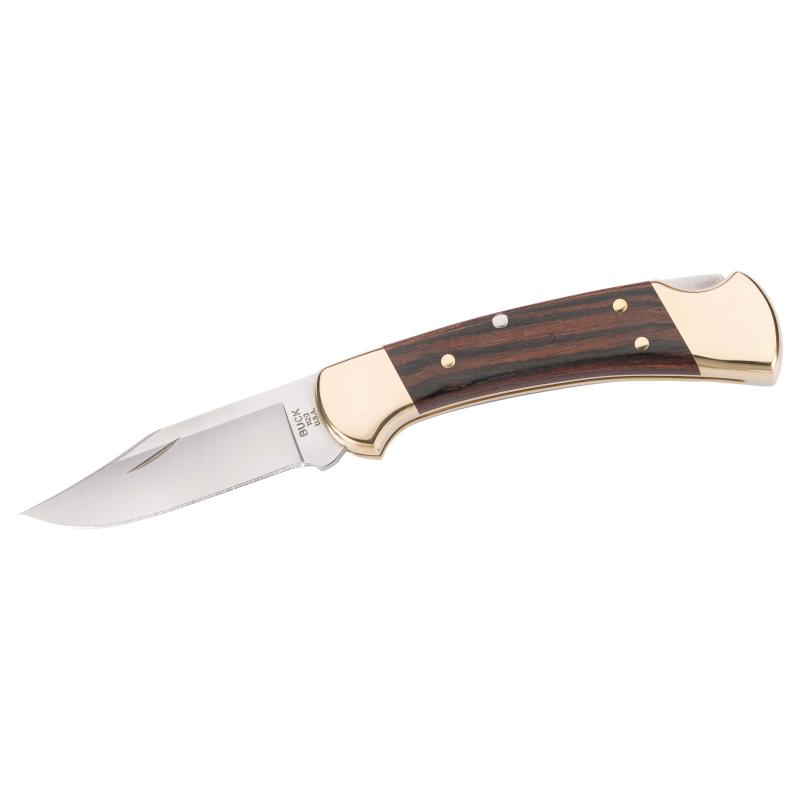 Buck 112 Ranger Taschenmesser, 420Hc Stahl, Rostfrei, Holz-Griff, Messing-Backen, Leder-Etui