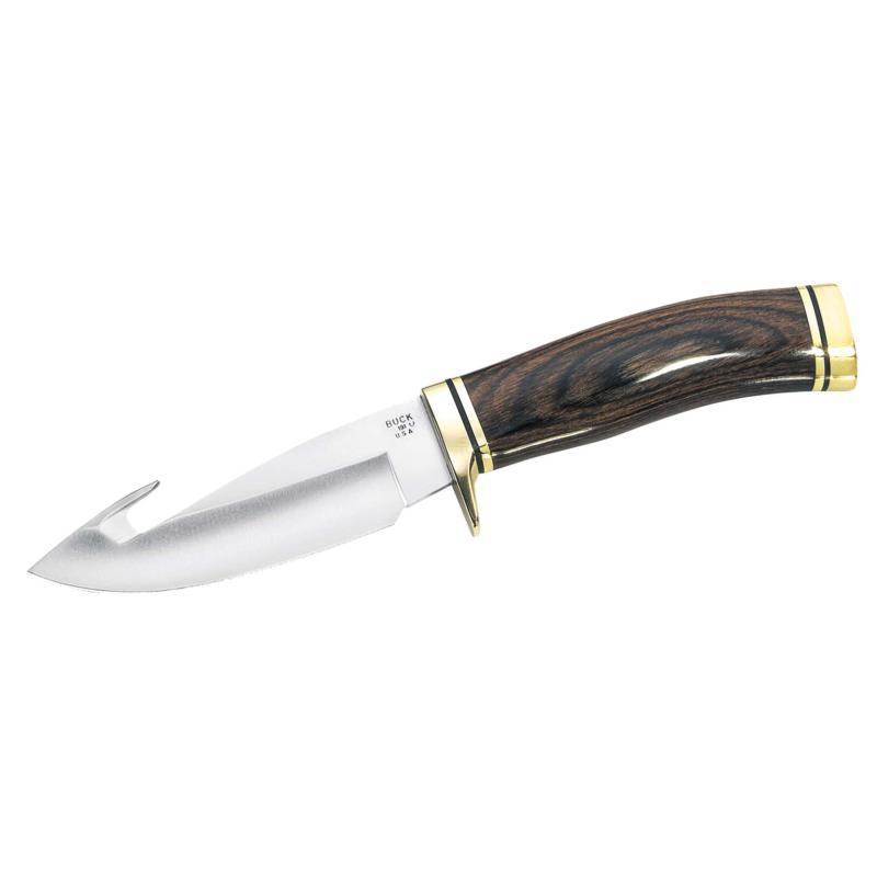 Buck 191 Zipper Outdoormesser, 420Hc Stahl, Rostfrei, Pakkaholz-Griff, Aufbrechhaken, Lederscheide
