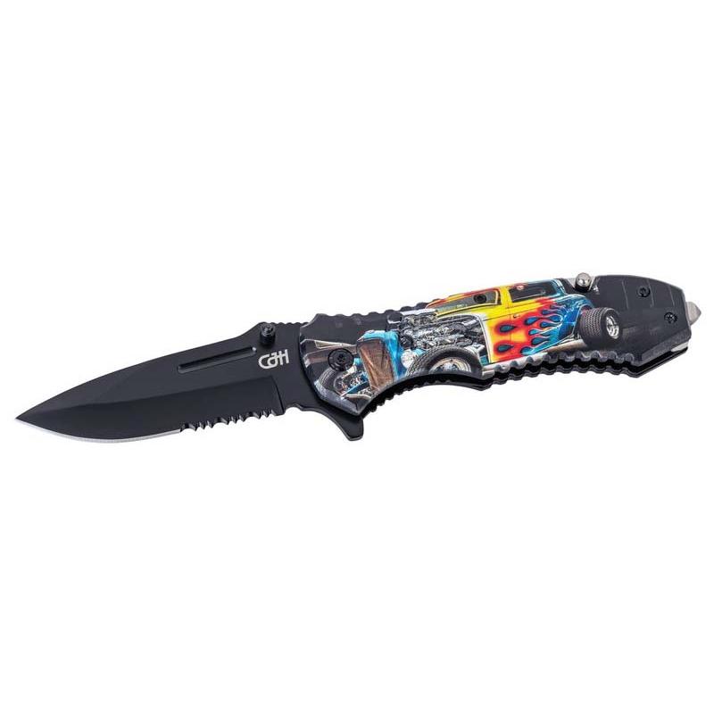 Cjh Rettungsmesser, Aisi 420 Stahl, Rostfrei, Teils&auml;gez., Glas, Gurt, Hot Rod Motiv