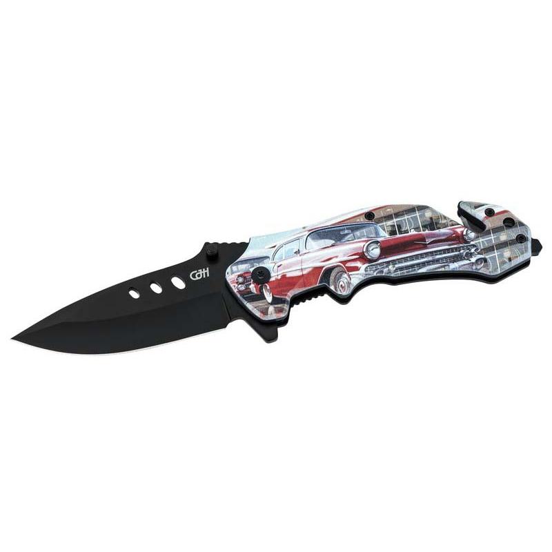 Cjh Rettungsmesser, Us-Car Motiv, Aisi 420 Stahl, Rostfrei, Glas, Gurt