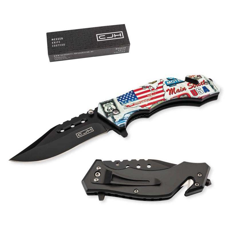 Cjh Rettungsmesser, Usa Flag, Aisi 420 Stahl, Rostfrei, Gurt, Glasbrecher