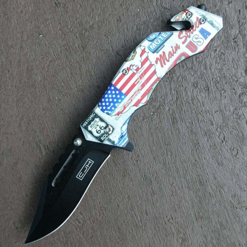 Cjh Rettungsmesser, Usa Flag, Aisi 420 Stahl, Rostfrei, Gurt, Glasbrecher