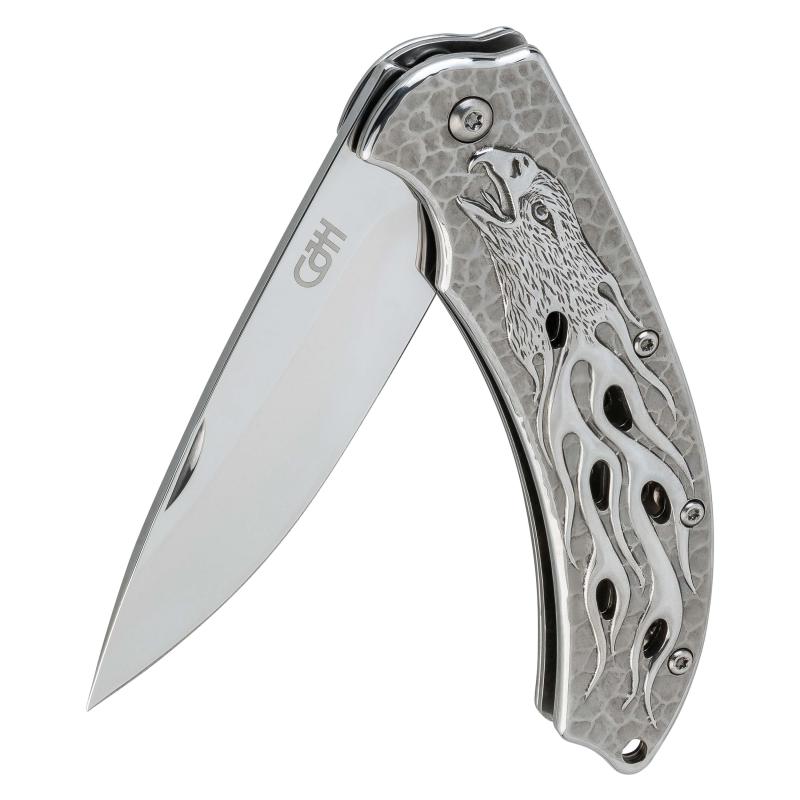 Cjh Taschenmesser, Aisi 420 Stahl, Rostfrei, Liner-Lock, Edelstahl, Poliert, Adler-Motiv, Clip, &Ouml;se