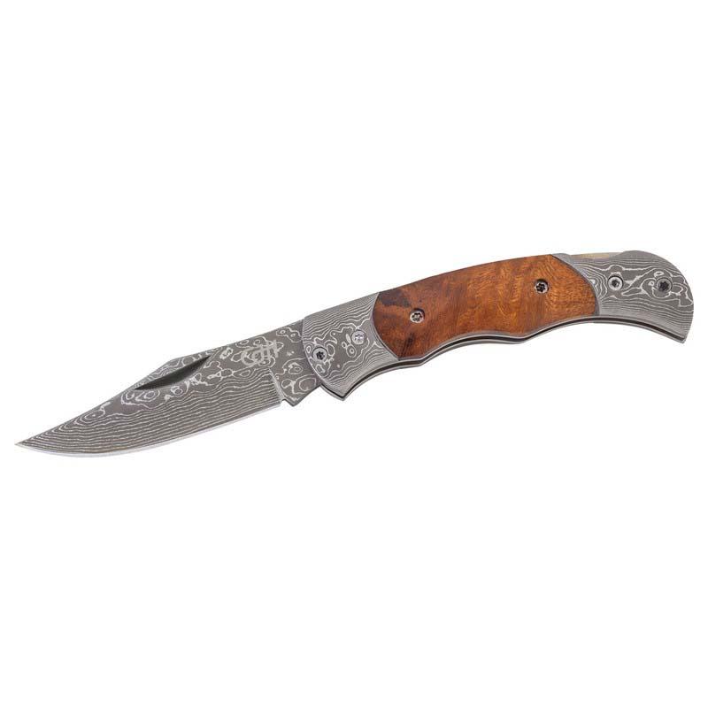 Cjh Taschenmesser, 71-Lagen Damast, Back-Lock, Damaszener-Backen, Wurzelholz-Griff