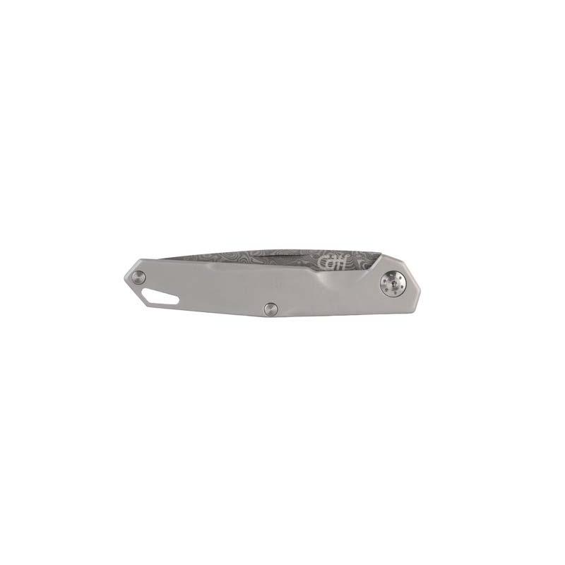 Cjh Taschenmesser, 67-Lagen Damast, Kern 440C, Slipjoint, Edelstahl-Griff, Blaue R&uuml;ckenfeder