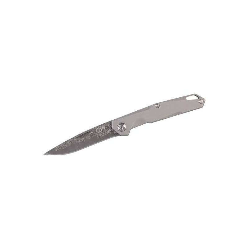 Cjh Taschenmesser, 67-Lagen Damast, Kern 440C, Slipjoint, Edelstahl-Griff, Blaue R&uuml;ckenfeder