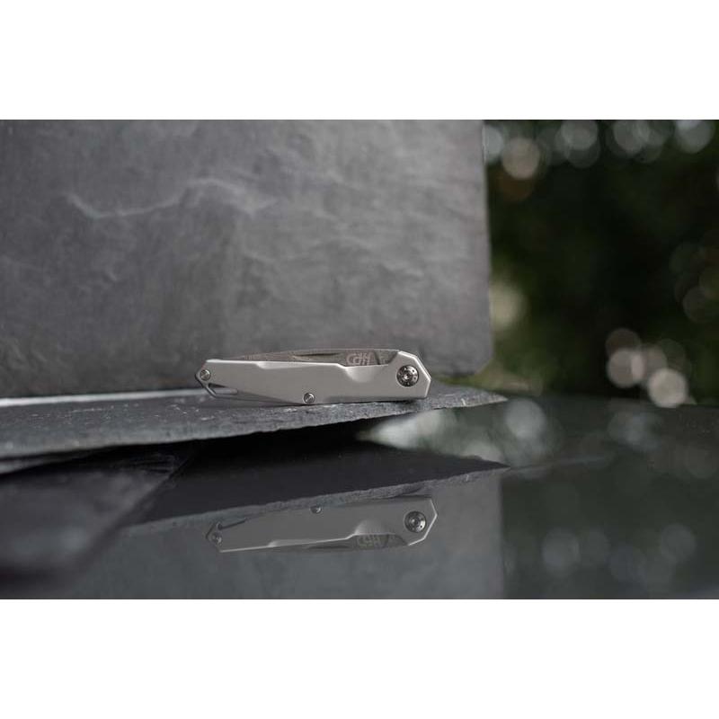 Cjh Taschenmesser, 67-Lagen Damast, Kern 440C, Slipjoint, Edelstahl-Griff, Blaue R&uuml;ckenfeder