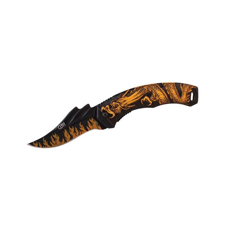 Cjh Taschenmesser, Aisi 420 Stahl, Rostfrei, Flammen-Motiv, Alu, Drachen-Motiv
