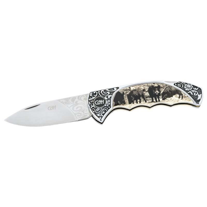 Cjh Taschenmesser, Aisi 420 Stahl, Rostfrei, Poliert, Bl, Metall, Kunststoff, Wildschwein