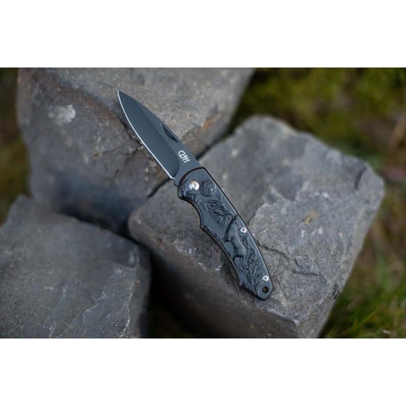 Cjh Taschenmesser, Aisi 420 Stahl, Rostfrei, Edelstahl-Griff, Wolf, Schwarz