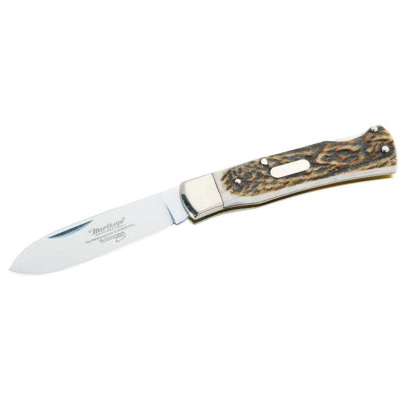 Hartkopf Jagd-Taschenmesser, 1.4110-Stahl, Hirschhorn-Griff, Neusilber-Backen