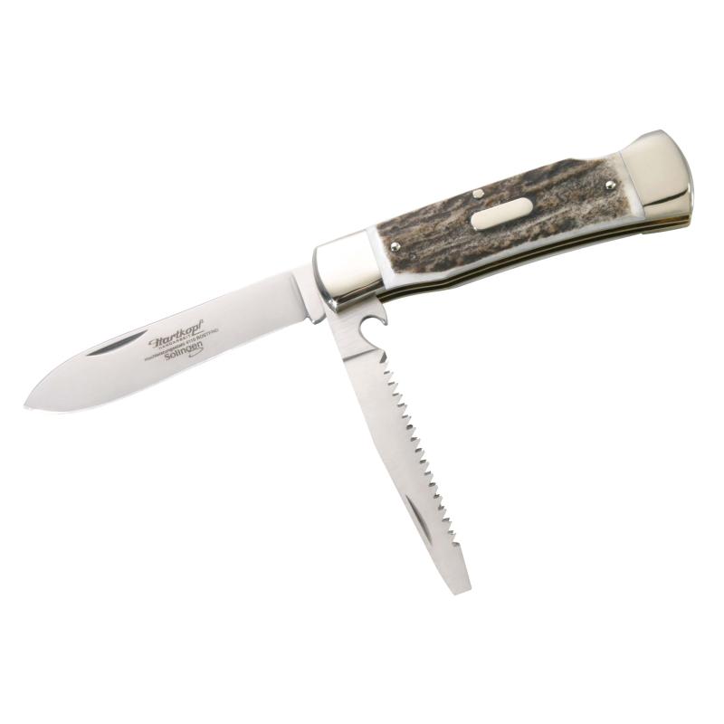 Hartkopf Jagd-Taschenmesser, 1.4110-Stahl, Hirschhorn, Neusilber, S&auml;ge Stahl, 2Tlg