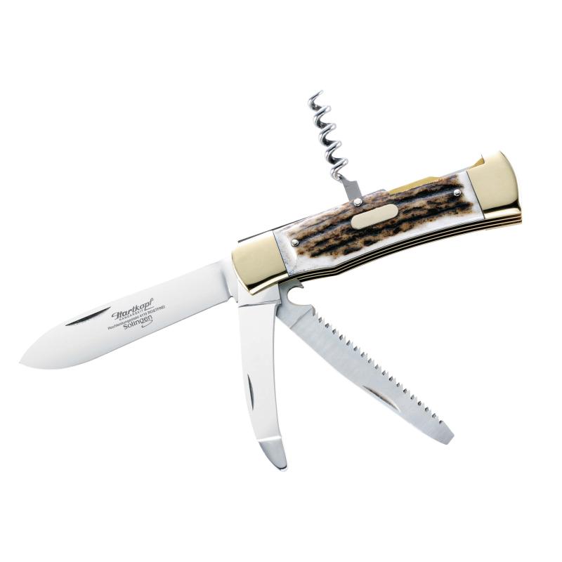 Hartkopf Jagd-Taschenmesser, 1.4110-Stahl, Hirschhorn, Neusilber, S&auml;ge, Aufbrechklinge, Korkenz.
