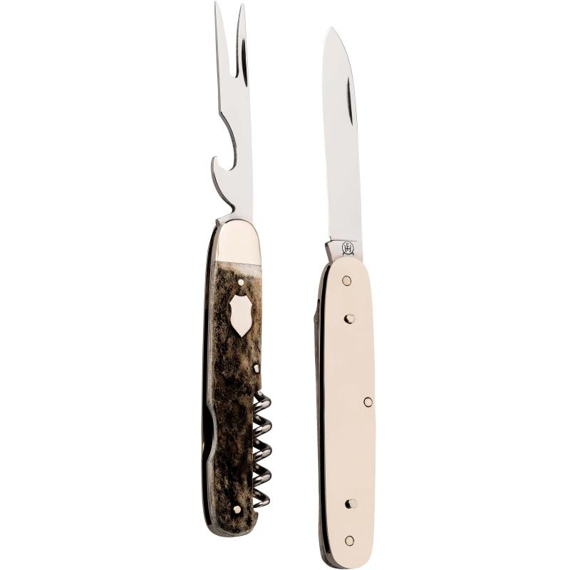 Hartkopf Taschenmesser Picknick, 3Tlg, 1.4034-Stahl, Hirschhorn, Neusilber, Gravurpl&auml;ttchen