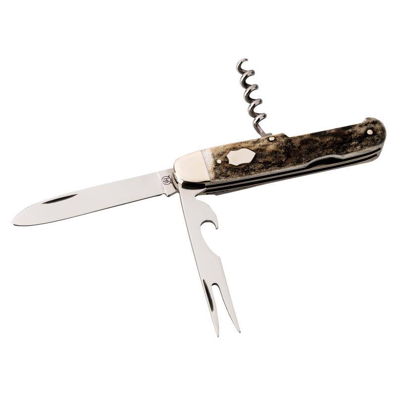Hartkopf Taschenmesser Picknick, 3Tlg, 1.4034-Stahl, Hirschhorn, Neusilber, Gravurpl&auml;ttchen