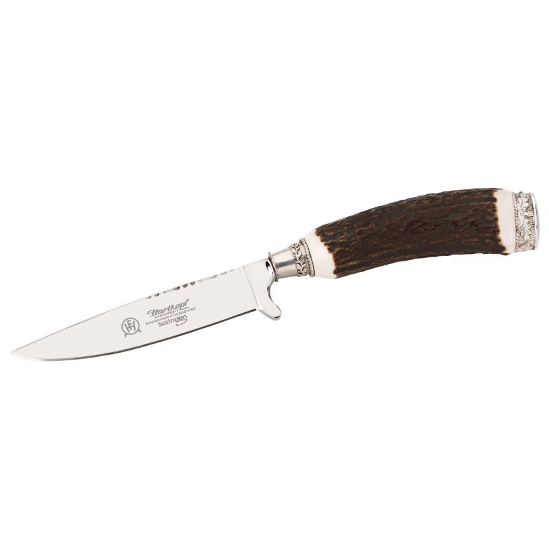 Hartkopf Stilett-Messer, 1.4116-Stahl, Rostfrei, Hirschhorn-Griff, Lederscheide, Gravur-Kappe