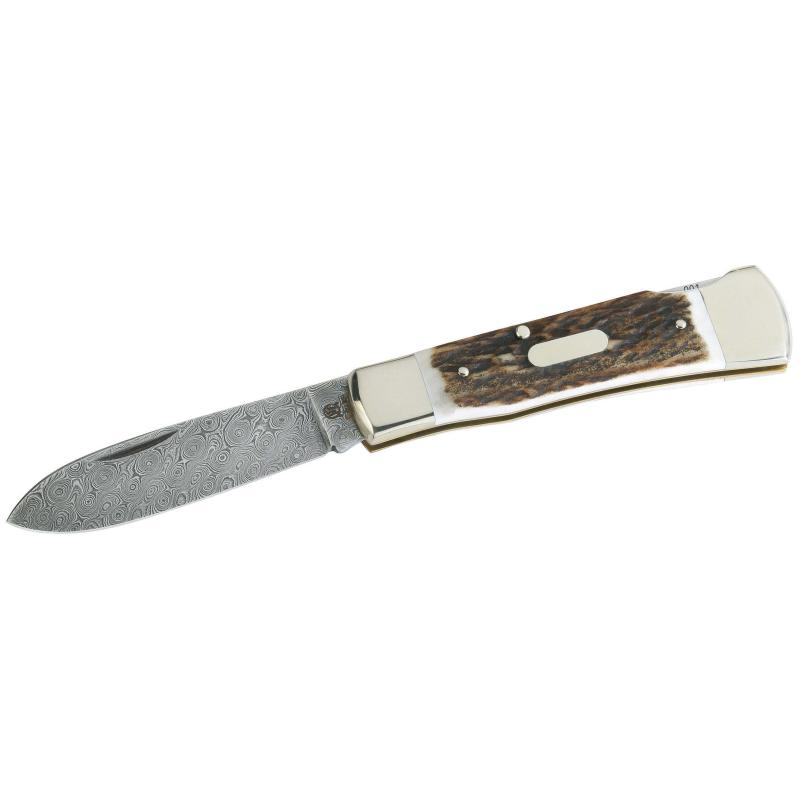 Hartkopf Taschenmesser, 300-Lagen Damast, Hirschhorn-Griff, Neusilber-Backen