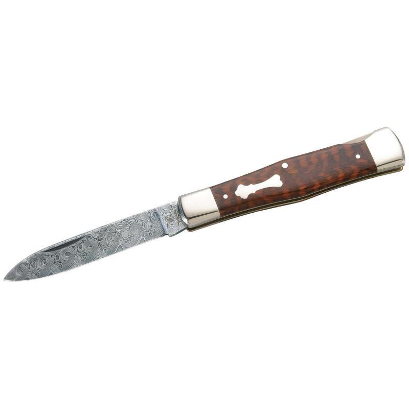 Hartkopf Taschenmesser, 300-Lagen Rosendamast, Schlangenholz, Neusilber, Klinge Feststellbar