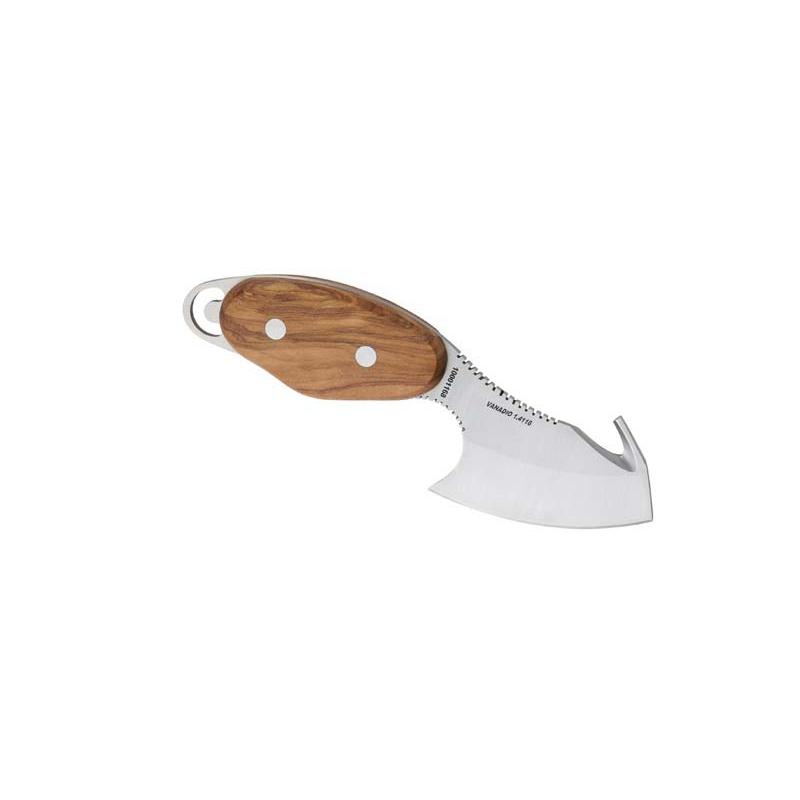 Herbertz H&auml;utemesser, An-58 Stahl, Olivenholz, Aufbrechhaken, Geriffelte Daumenauflage, Leder