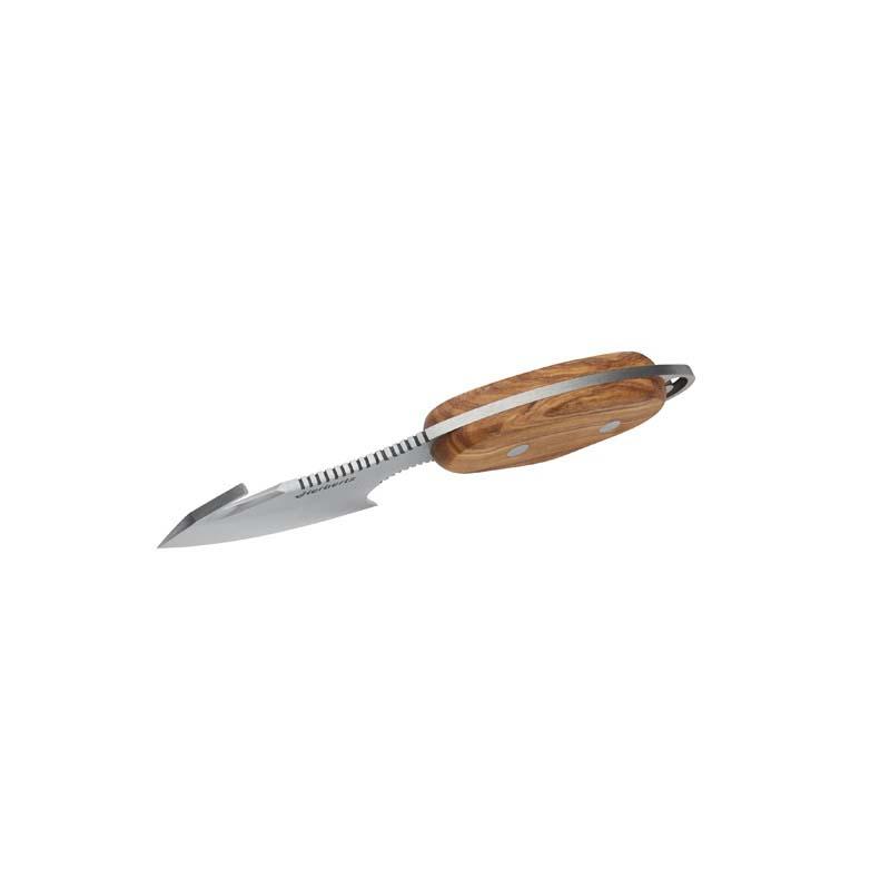 Herbertz H&auml;utemesser, An-58 Stahl, Olivenholz, Aufbrechhaken, Geriffelte Daumenauflage, Leder
