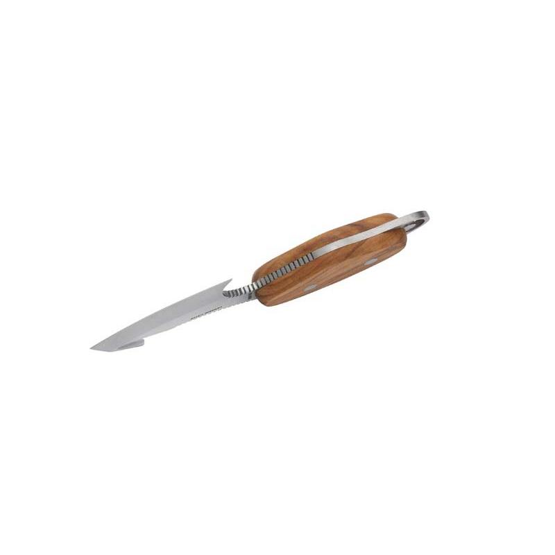 Herbertz H&auml;utemesser, An-58 Stahl, Olivenholz, Aufbrechhaken, Geriffelte Daumenauflage, Leder