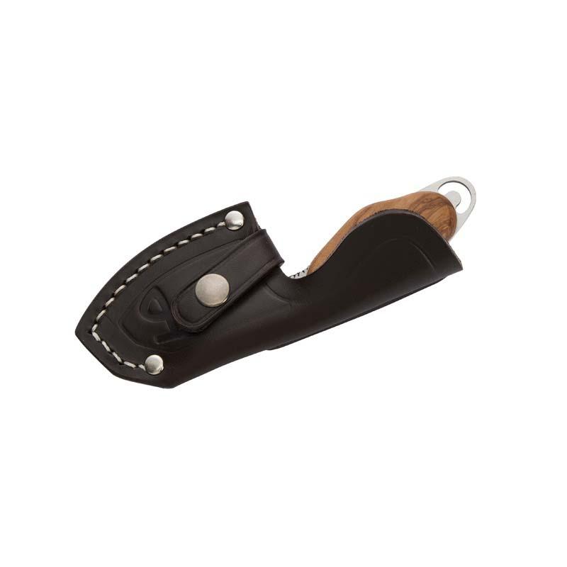 Herbertz H&auml;utemesser, An-58 Stahl, Olivenholz, Aufbrechhaken, Geriffelte Daumenauflage, Leder