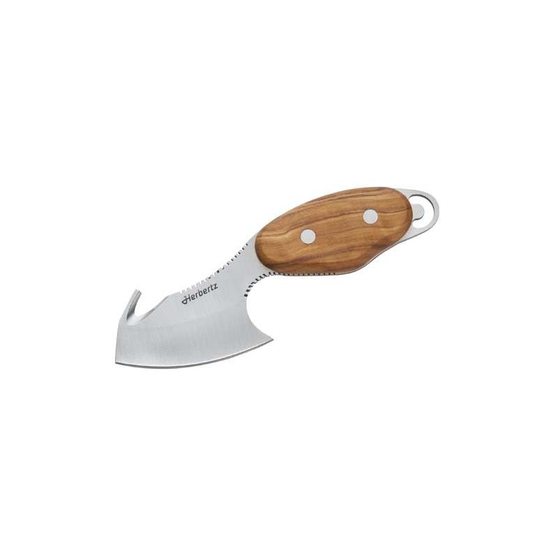 Herbertz H&auml;utemesser, An-58 Stahl, Olivenholz, Aufbrechhaken, Geriffelte Daumenauflage, Leder