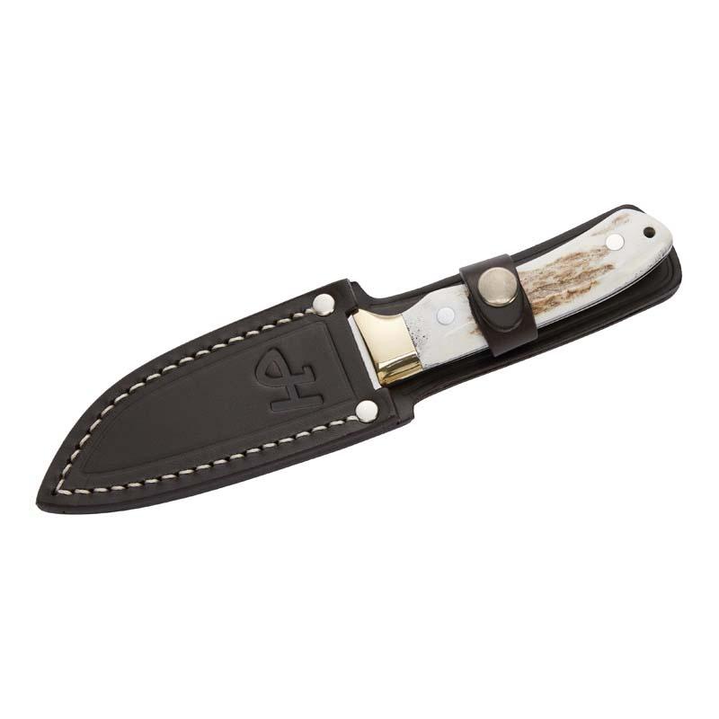 Herbertz Jagdmesser, Vanadium 1.4116-Stahl, Hirschhorn, Ft, Messing-Backen, Leder