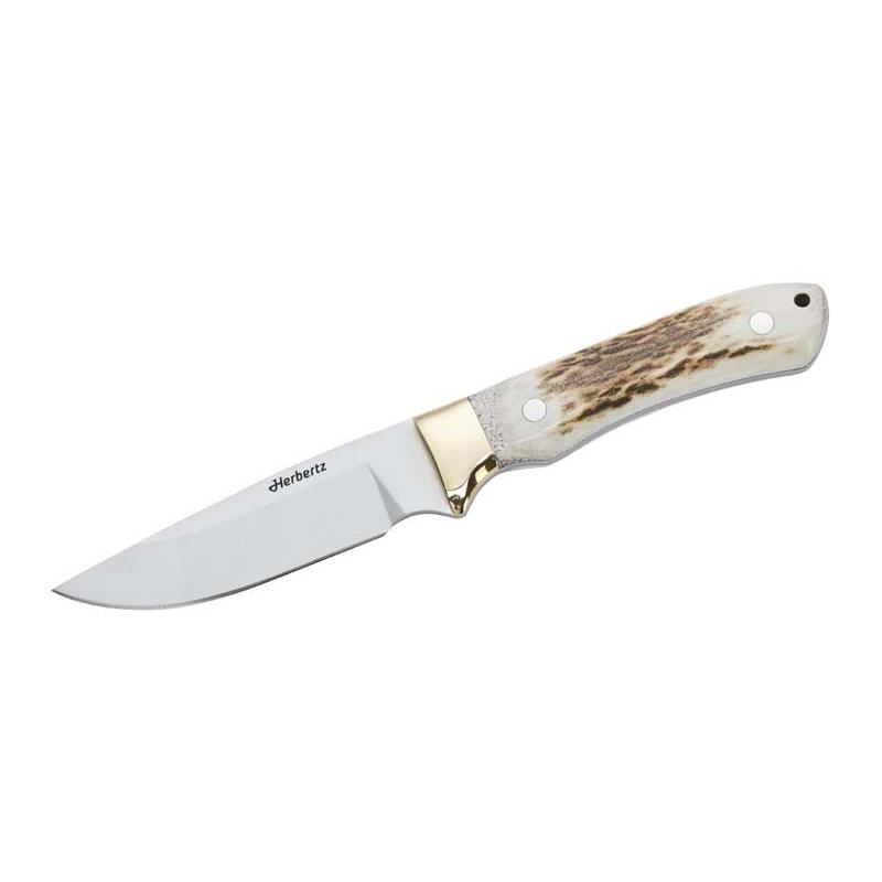 Herbertz Jagdmesser, Vanadium 1.4116-Stahl, Hirschhorn, Ft, Messing-Backen, Leder