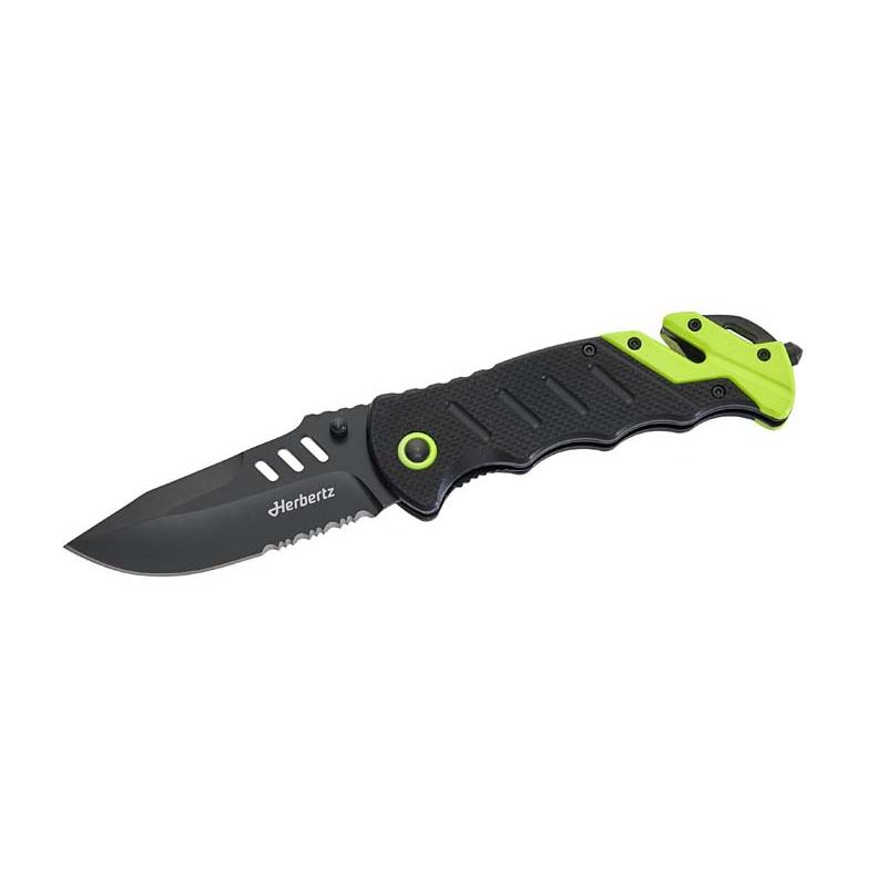 Herbertz Rettungsmesser, Aisi 440 Stahl, G10-Griff, Schwarz Gurtschneider, Nylon-Etui, Box