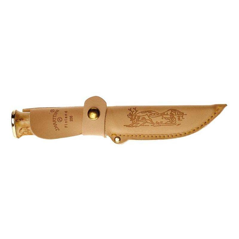 Marttiini 235 Outdoormesser, Edelstahl, Rostfrei, Spiegelpoliert, Maserbirke, Naturleder Scheide