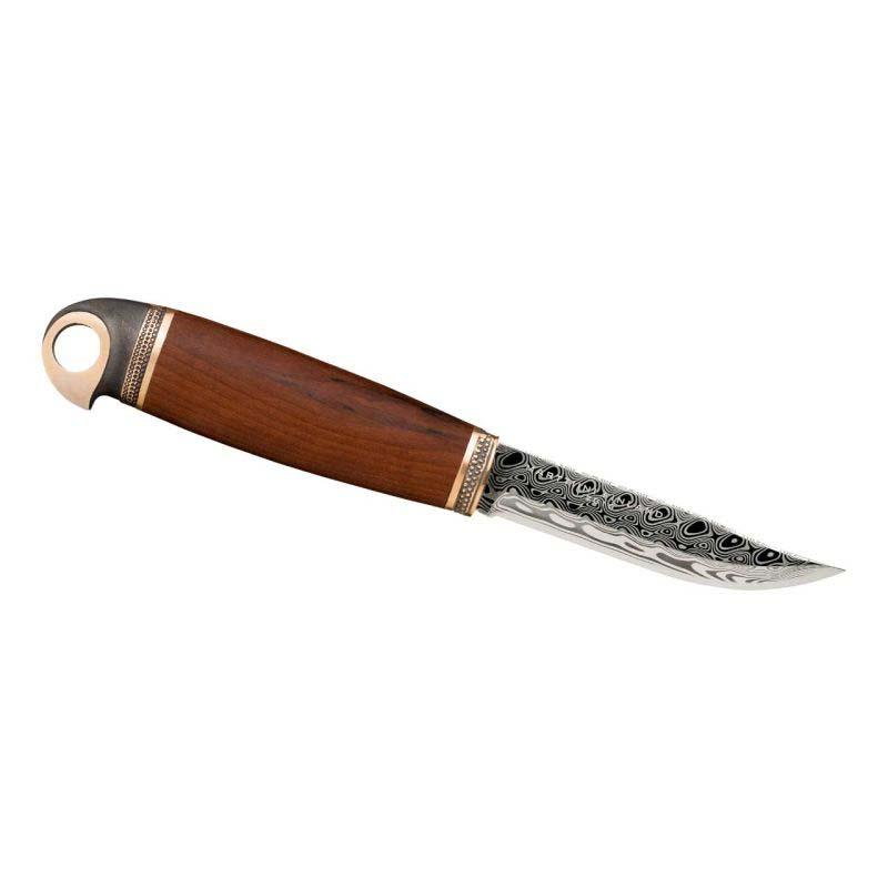 Marttiini Eagle Damascus Jagdmesser, 120-Lagen Damast, Rostfrei, Maserbirke, Bronze, Leder, Holzbox