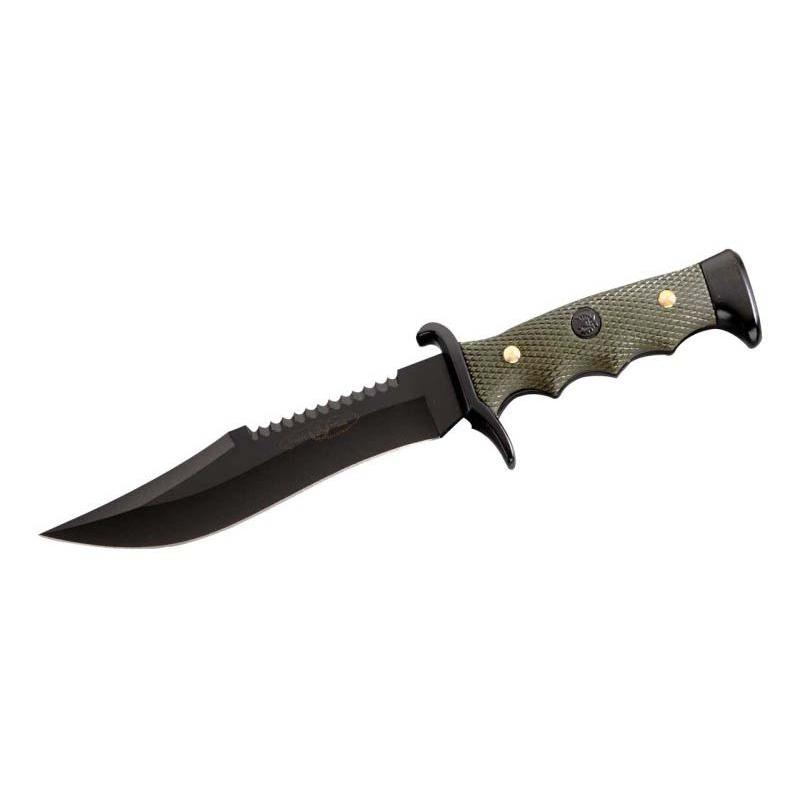 Nieto Combate 3002 G&uuml;rtelmesser, An-58 Stahl, Br&uuml;nierte Klinge, R&uuml;ckens&auml;ge, Camouflage Scheide